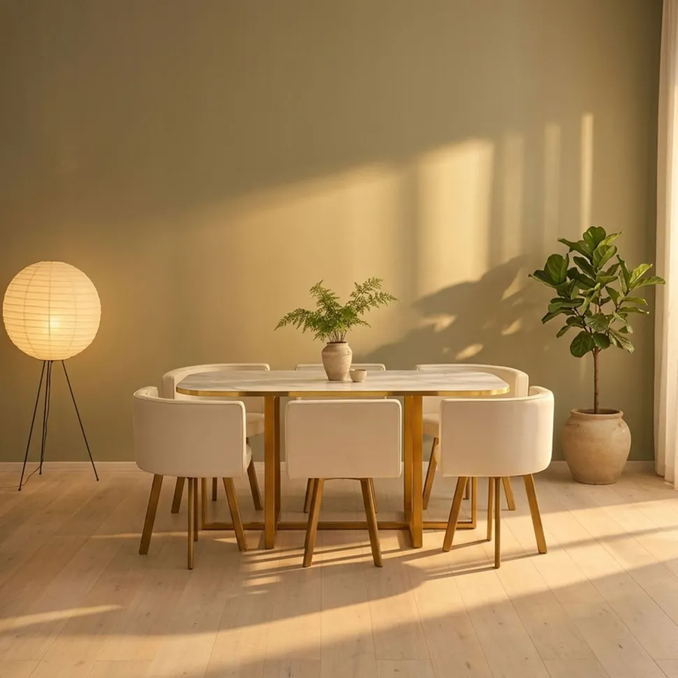Table et chaises Oslo XL Or Effet Marbre Blanc et Simili Blanc