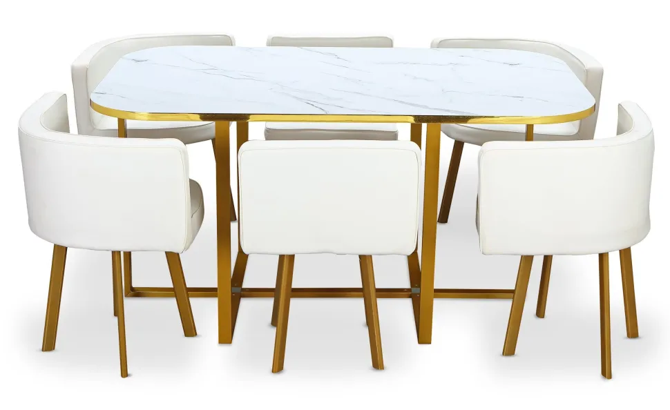 Table et chaises Oslo XL Or Effet Marbre Blanc et Simili Blanc