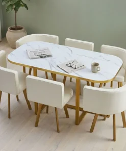 Table et chaises Oslo XL Or Effet Marbre Blanc et Simili Blanc