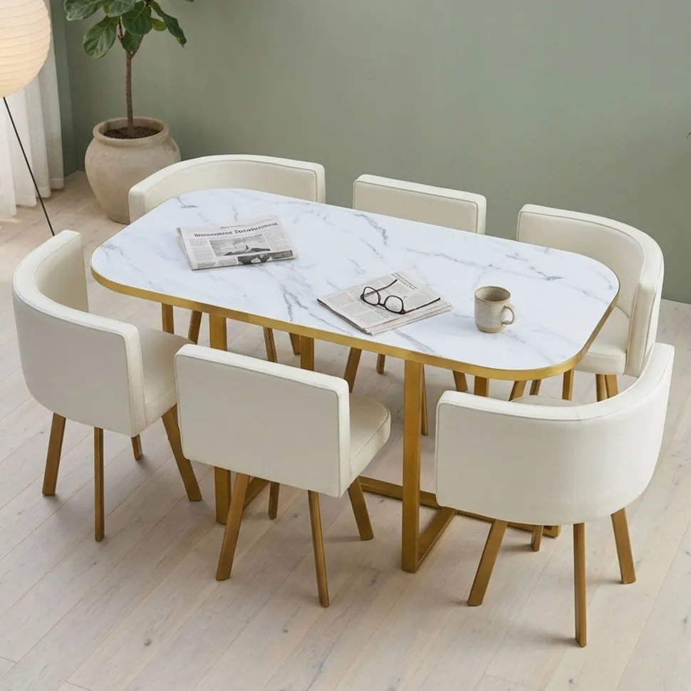 Table et chaises Oslo XL Or Effet Marbre Blanc et Simili Blanc