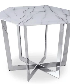 Table hexagonale 120cm Zadig Verre Effet marbre blanc et pied Métal Argent