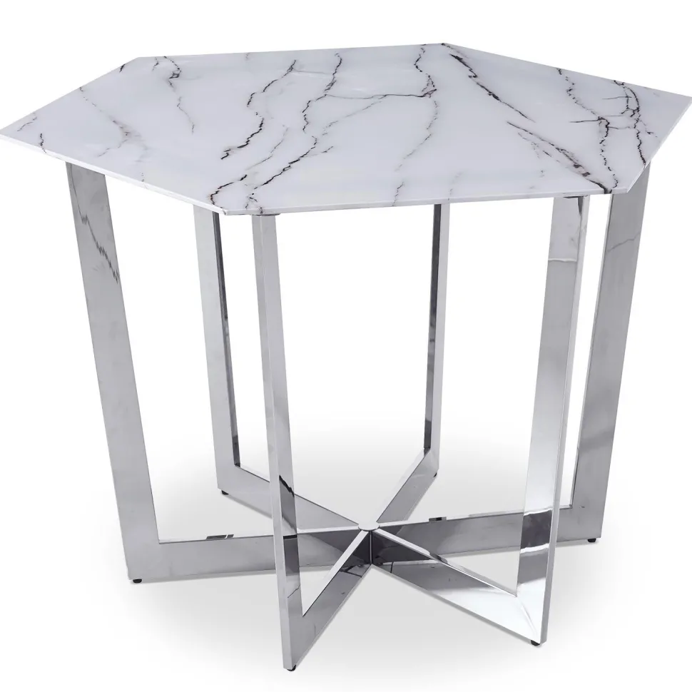 Table hexagonale 120cm Zadig Verre Effet marbre blanc et pied Métal Argent