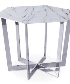 Table hexagonale 120cm Zadig Verre Effet marbre blanc et pied Métal Argent