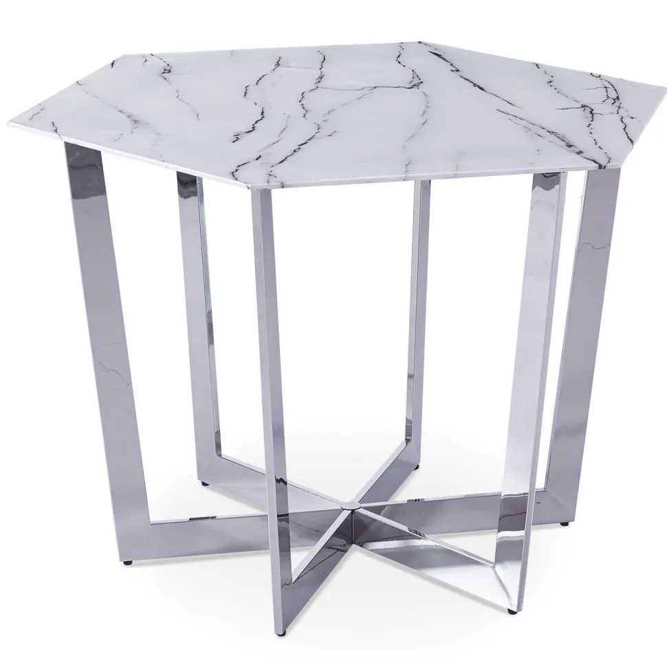Table hexagonale 120cm Zadig Verre Effet marbre blanc et pied Métal Argent