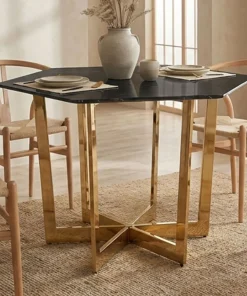 Table hexagonale 120cm Zadig Verre Effet marbre noir et pied Métal Or