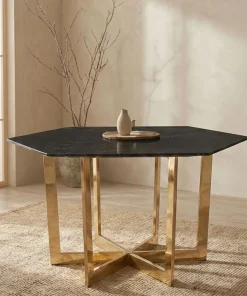 Table hexagonale 120cm Zadig Verre Effet marbre noir et pied Métal Or