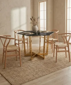 Table hexagonale 120cm Zadig Verre Effet marbre noir et pied Métal Or
