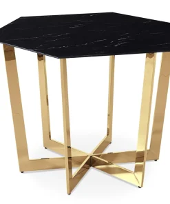 Table hexagonale 120cm Zadig Verre Effet marbre noir et pied Métal Or