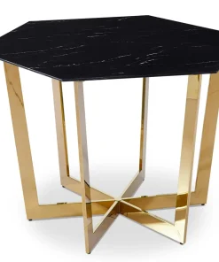 Table hexagonale 120cm Zadig Verre Effet marbre noir et pied Métal Or