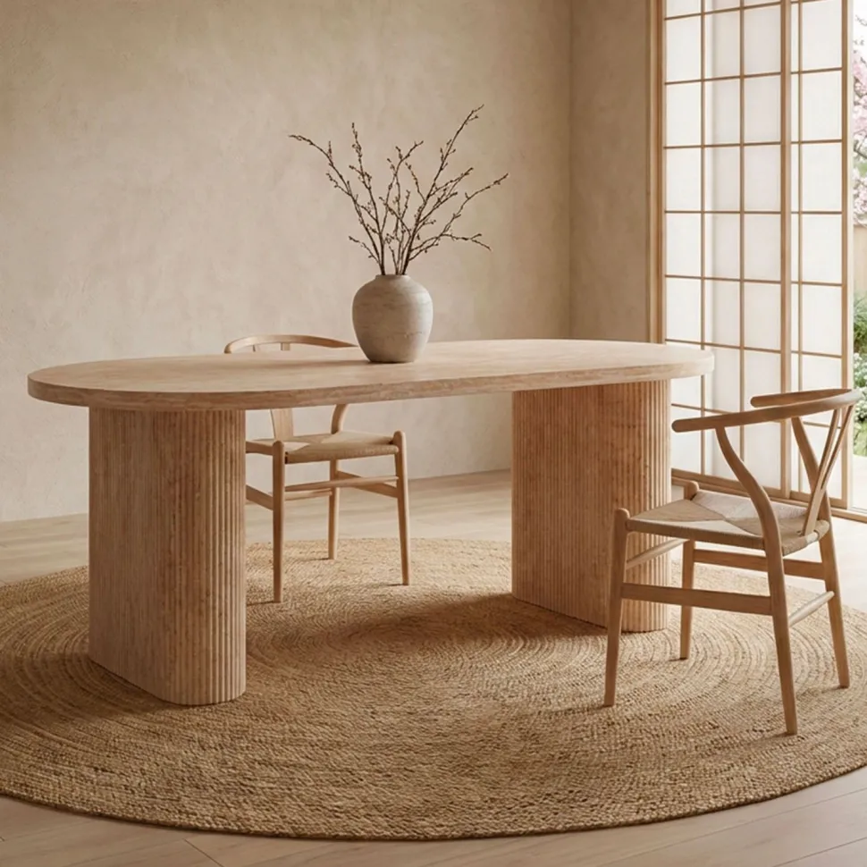 Table ovale Burundi avec pieds design style colonnes Effet travertin Beige