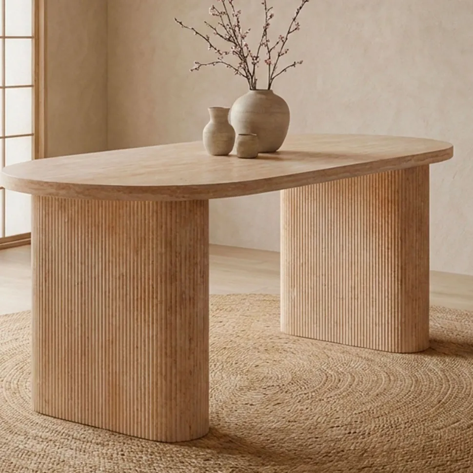 Table ovale Burundi avec pieds design style colonnes Effet travertin Beige