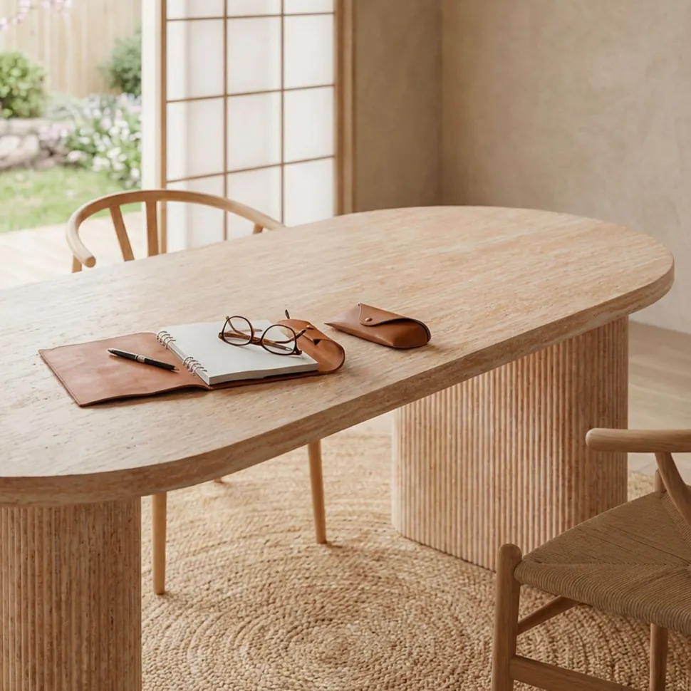 Table ovale Burundi avec pieds design style colonnes Effet travertin Beige
