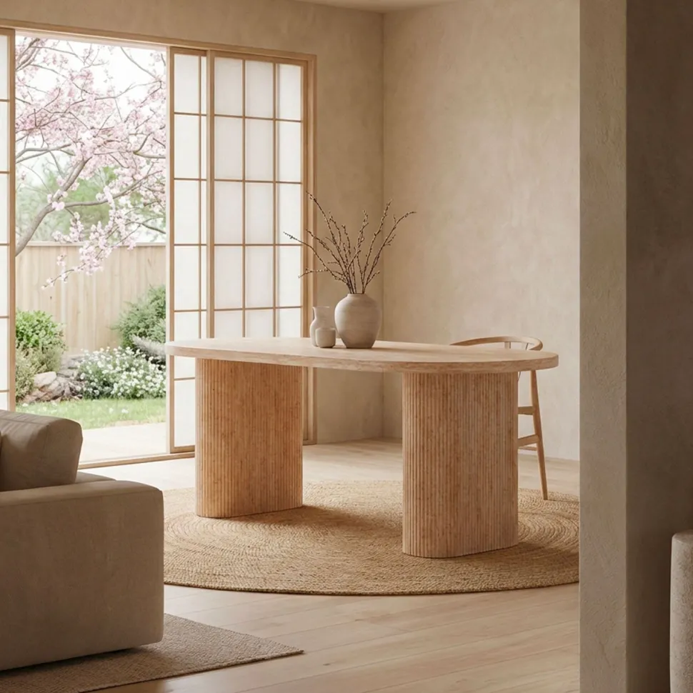 Table ovale Burundi avec pieds design style colonnes Effet travertin Beige