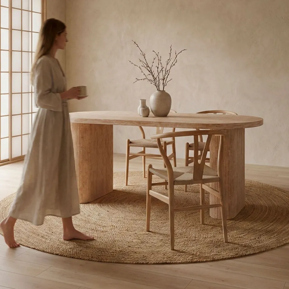 Table ovale Burundi avec pieds design style colonnes Effet travertin Beige