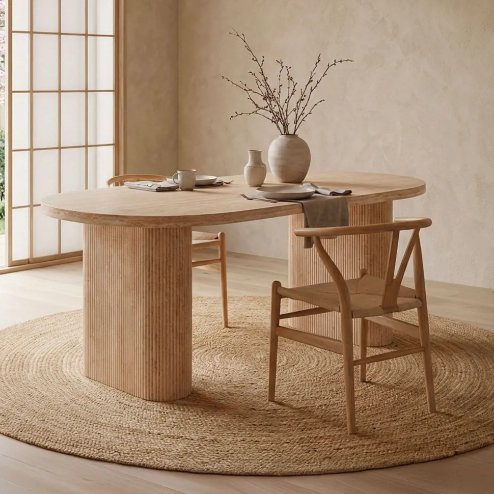 Table ovale Burundi avec pieds design style colonnes Effet travertin Beige