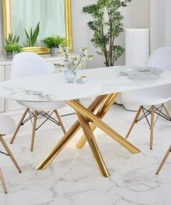Table ovale 90x180cm Rusking Effet marbre blanc et pieds croisés Métal doré