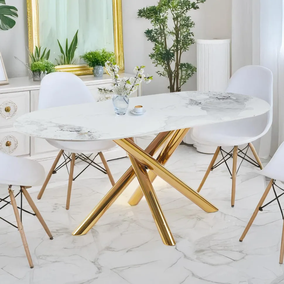 Table ovale 90x180cm Rusking Effet marbre blanc et pieds croisés Métal doré