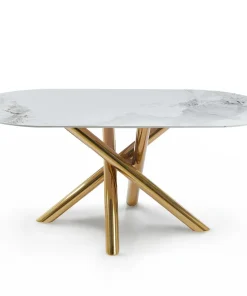 Table ovale 90x180cm Rusking Effet marbre blanc et pieds croisés Métal doré