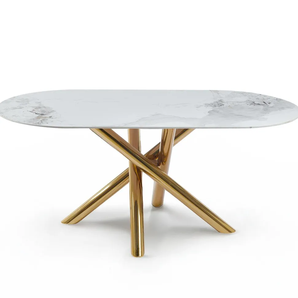 Table ovale 90x180cm Rusking Effet marbre blanc et pieds croisés Métal doré