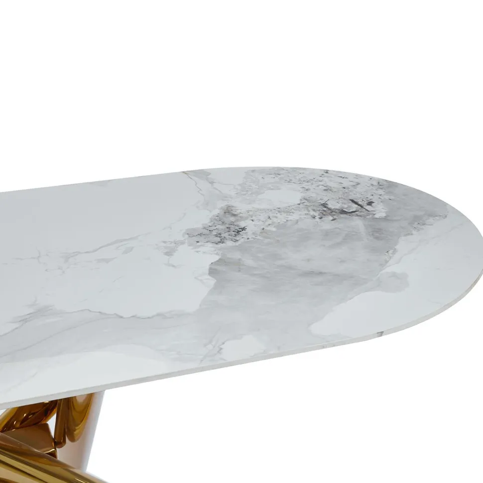 Table ovale 90x180cm Rusking Effet marbre blanc et pieds croisés Métal doré