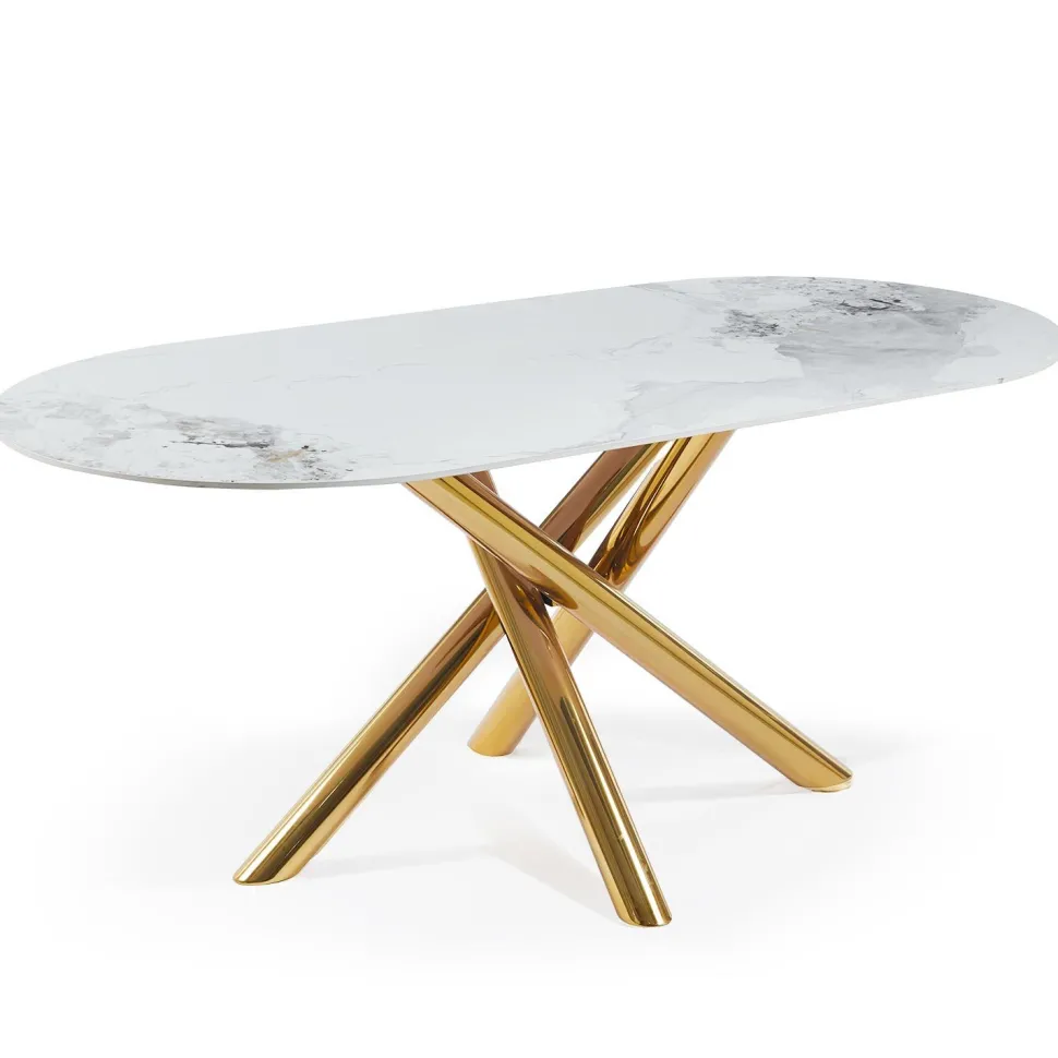 Table ovale 90x180cm Rusking Effet marbre blanc et pieds croisés Métal doré