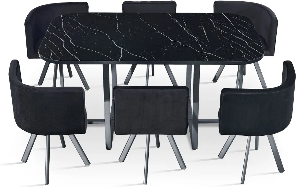 Table rectangulaire 150cm avec 6 chaises gain de place Oslo XL Effet marbre noir et Velours Noir
