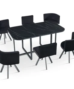 Table rectangulaire 150cm avec 6 chaises gain de place Oslo XL Effet marbre noir et Velours Noir