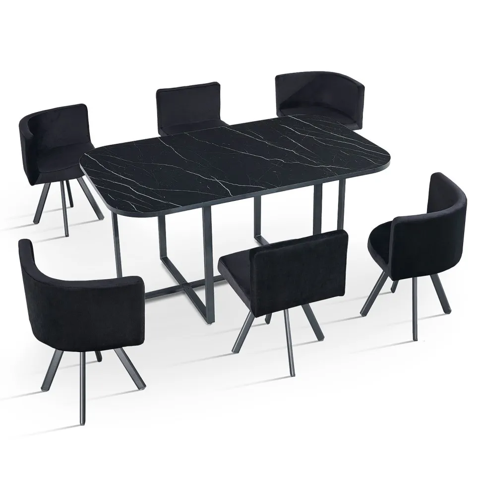Table rectangulaire 150cm avec 6 chaises gain de place Oslo XL Effet marbre noir et Velours Noir