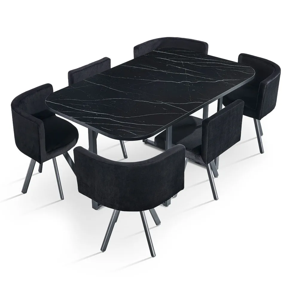 Table rectangulaire 150cm avec 6 chaises gain de place Oslo XL Effet marbre noir et Velours Noir
