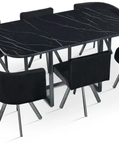 Table rectangulaire 150cm avec 6 chaises gain de place Oslo XL Effet marbre noir et Velours Noir