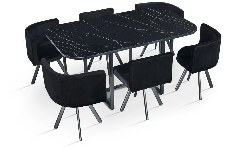 Table rectangulaire 150cm avec 6 chaises gain de place Oslo XL Effet marbre noir et Velours Noir