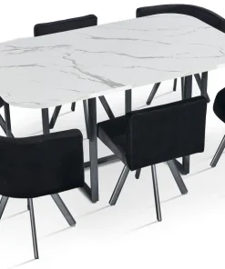 Table rectangulaire 150cm avec 6 chaises gain de place Oslo XL Effet marbre blanc et Velours Noir