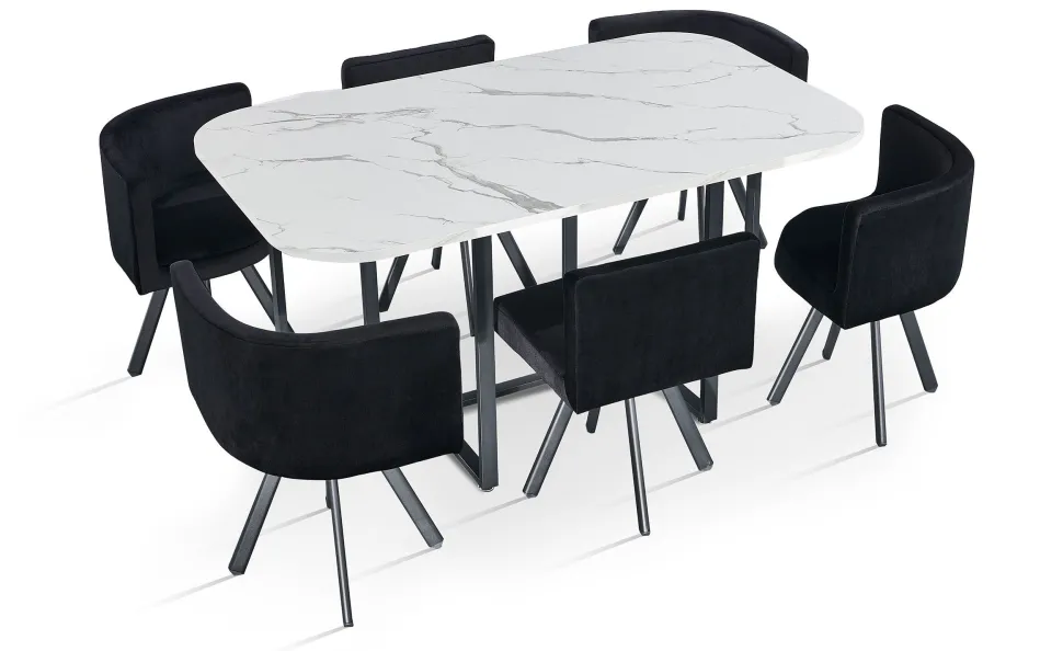 Table rectangulaire 150cm avec 6 chaises gain de place Oslo XL Effet marbre blanc et Velours Noir