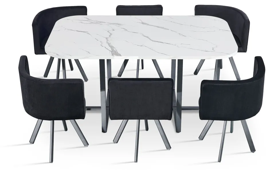 Table rectangulaire 150cm avec 6 chaises gain de place Oslo XL Effet marbre blanc et Velours Noir