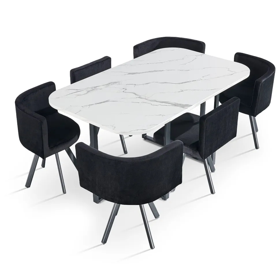 Table rectangulaire 150cm avec 6 chaises gain de place Oslo XL Effet marbre blanc et Velours Noir