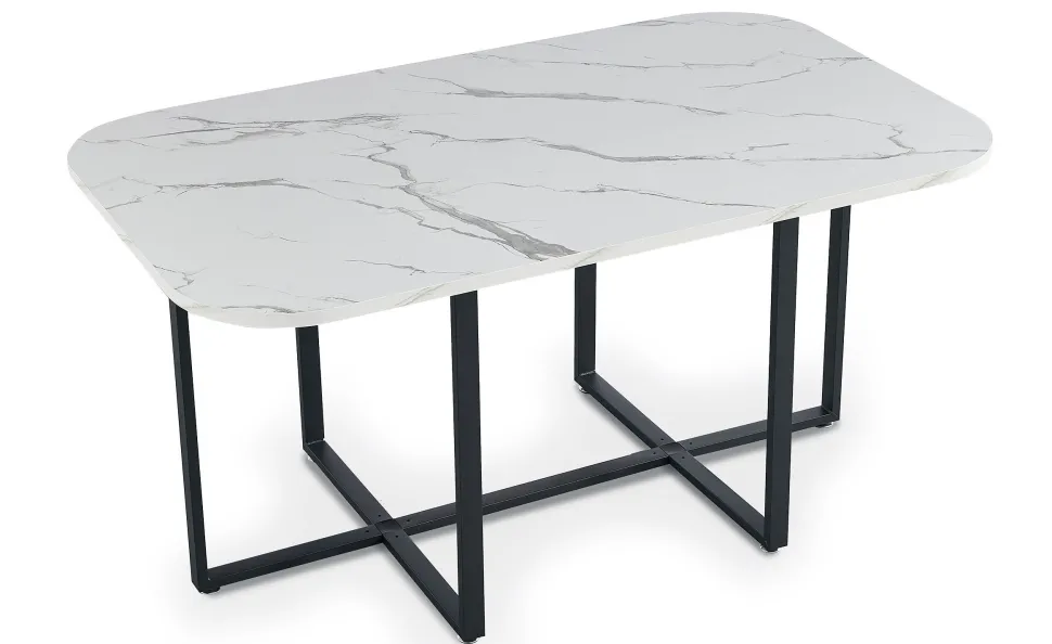 Table rectangulaire 150cm avec 6 chaises gain de place Oslo XL Effet marbre blanc et Velours Noir