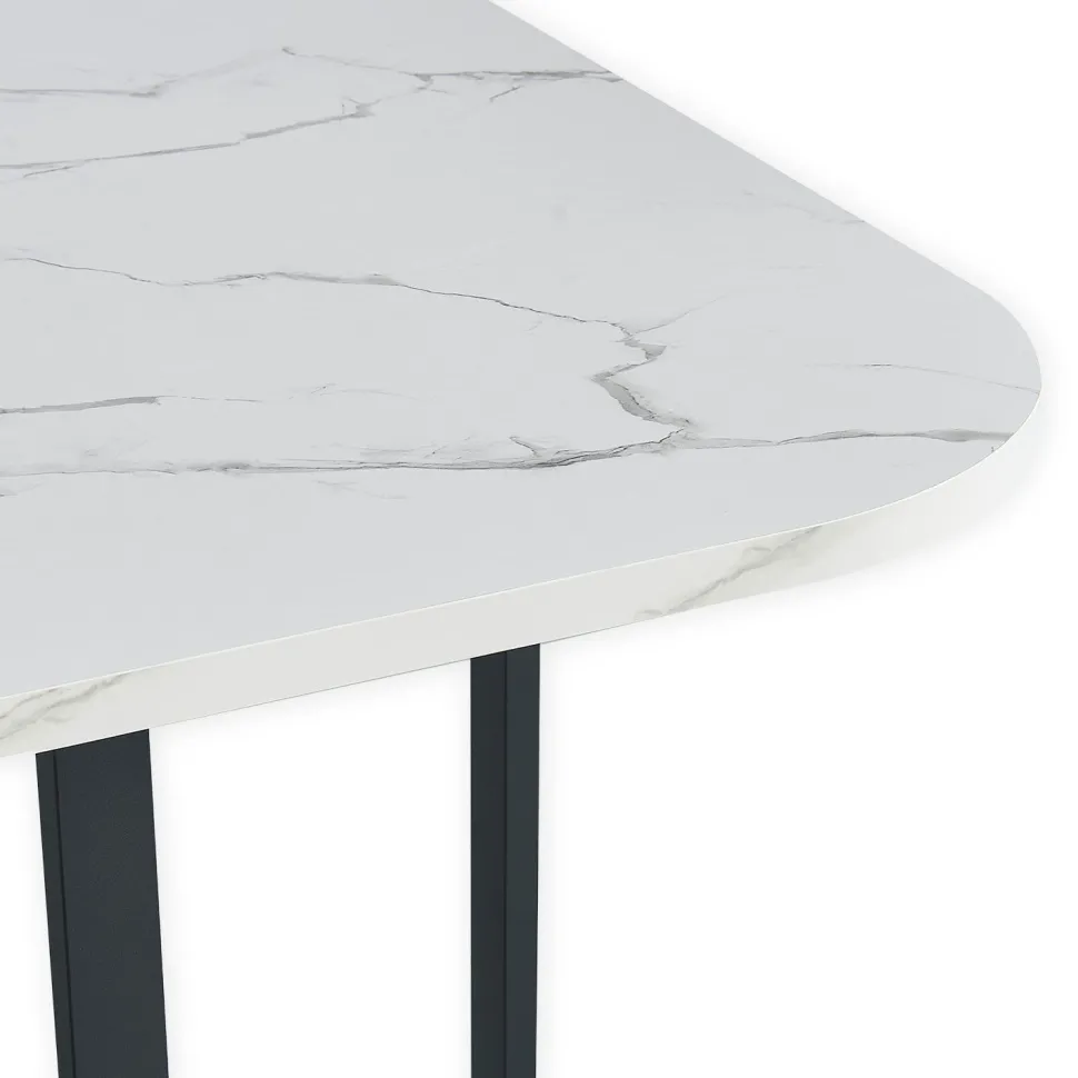 Table rectangulaire 150cm avec 6 chaises gain de place Oslo XL Effet marbre blanc et Velours Noir