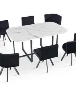 Table rectangulaire 150cm avec 6 chaises gain de place Oslo XL Effet marbre blanc et Velours Noir