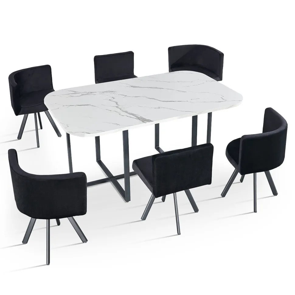 Table rectangulaire 150cm avec 6 chaises gain de place Oslo XL Effet marbre blanc et Velours Noir