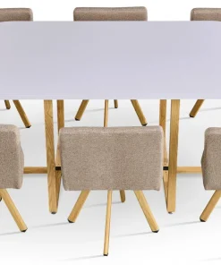 Table rectangulaire 150cm avec 6 chaises gain de place Oslo Blanc et Tissu Taupe