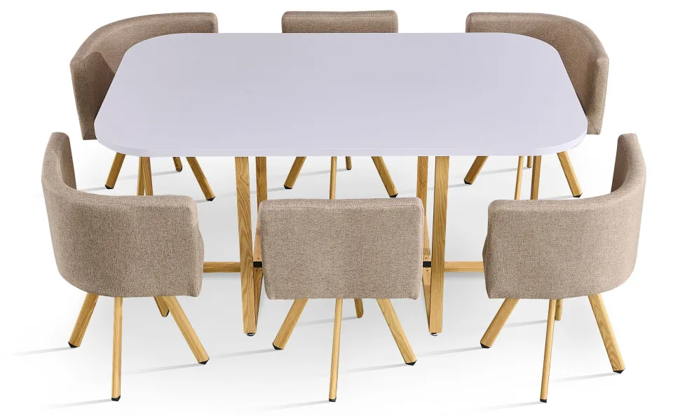 Table rectangulaire 150cm avec 6 chaises gain de place Oslo Blanc et Tissu Taupe