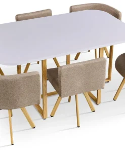 Table rectangulaire 150cm avec 6 chaises gain de place Oslo Blanc et Tissu Taupe