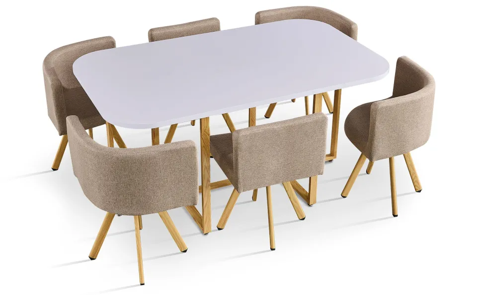 Table rectangulaire 150cm avec 6 chaises gain de place Oslo Blanc et Tissu Taupe