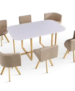 Table rectangulaire 150cm avec 6 chaises gain de place Oslo Blanc et Tissu Taupe