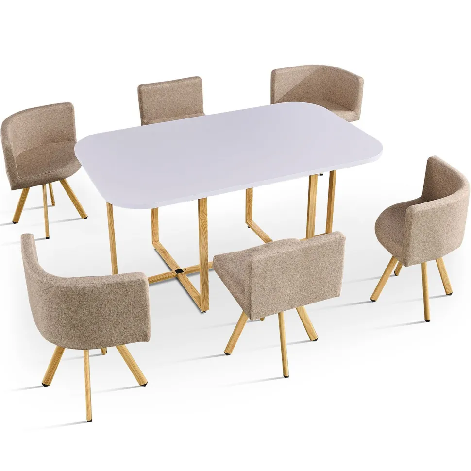 Table rectangulaire 150cm avec 6 chaises gain de place Oslo Blanc et Tissu Taupe