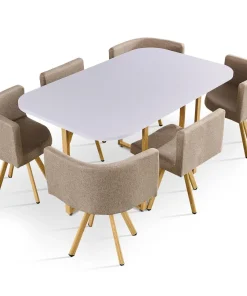 Table rectangulaire 150cm avec 6 chaises gain de place Oslo Blanc et Tissu Taupe