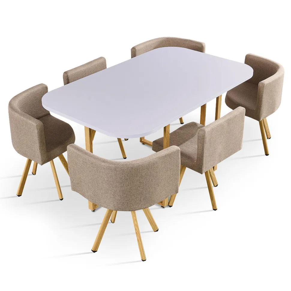 Table rectangulaire 150cm avec 6 chaises gain de place Oslo Blanc et Tissu Taupe