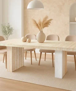Table rectangulaire extensible Virzon 100-240cm Effet Travertin Beige et rainurage Blanc