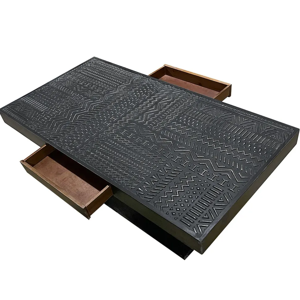Table rectangulaire style ethnique 60x120cm Kinshasa 2 tiroirs Bois Noir