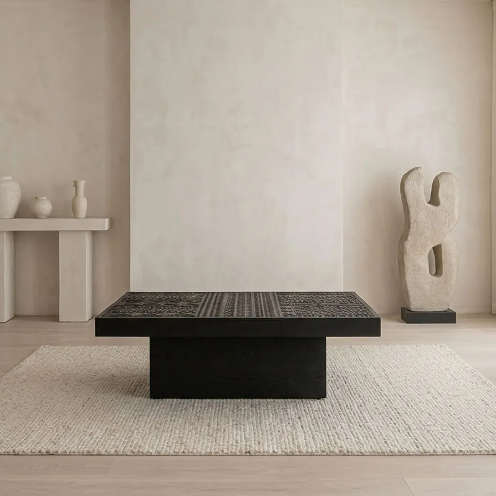 Table rectangulaire style ethnique 60x120cm Kinshasa 2 tiroirs Bois Noir